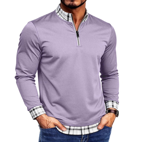 LEKWK Mens Quarter Zip Pullover Shirt Long Sleeve Mock Neck Plaid Summer Tees Trim Lightweight Casual Golf Work Layering Tops Shirts Purple XL