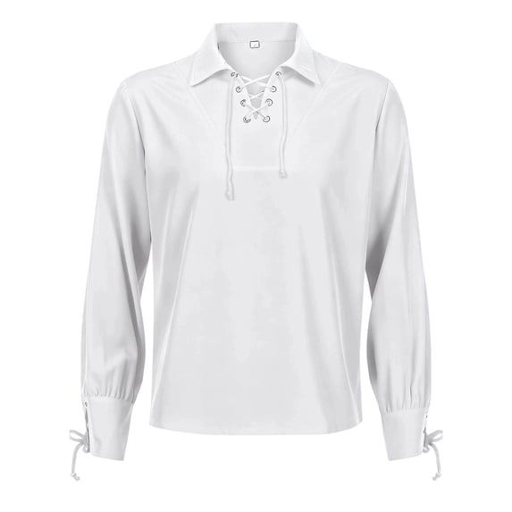 LEKWK Mens Renaissance Shirt Pirate Vintage Medieval Peasant Top with Lace-Up Long Sleeve Halloween Costume for Cosplay Theme Party