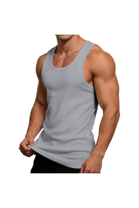 Mens Ribbed Tank Top Sleeveless Scoop Neck Muscle Shirt Lightweight Stretch Slim Fit Gym Workout Undershirts Training Layering Summer Athletic Tops Gray XXXL