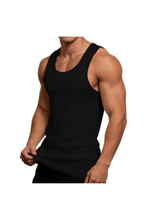 Mens Ribbed Tank Top Sleeveless Scoop Neck Muscle Shirt Lightweight Stretch Slim Fit Gym Workout Undershirts Training Layering Summer Athletic Tops Black L