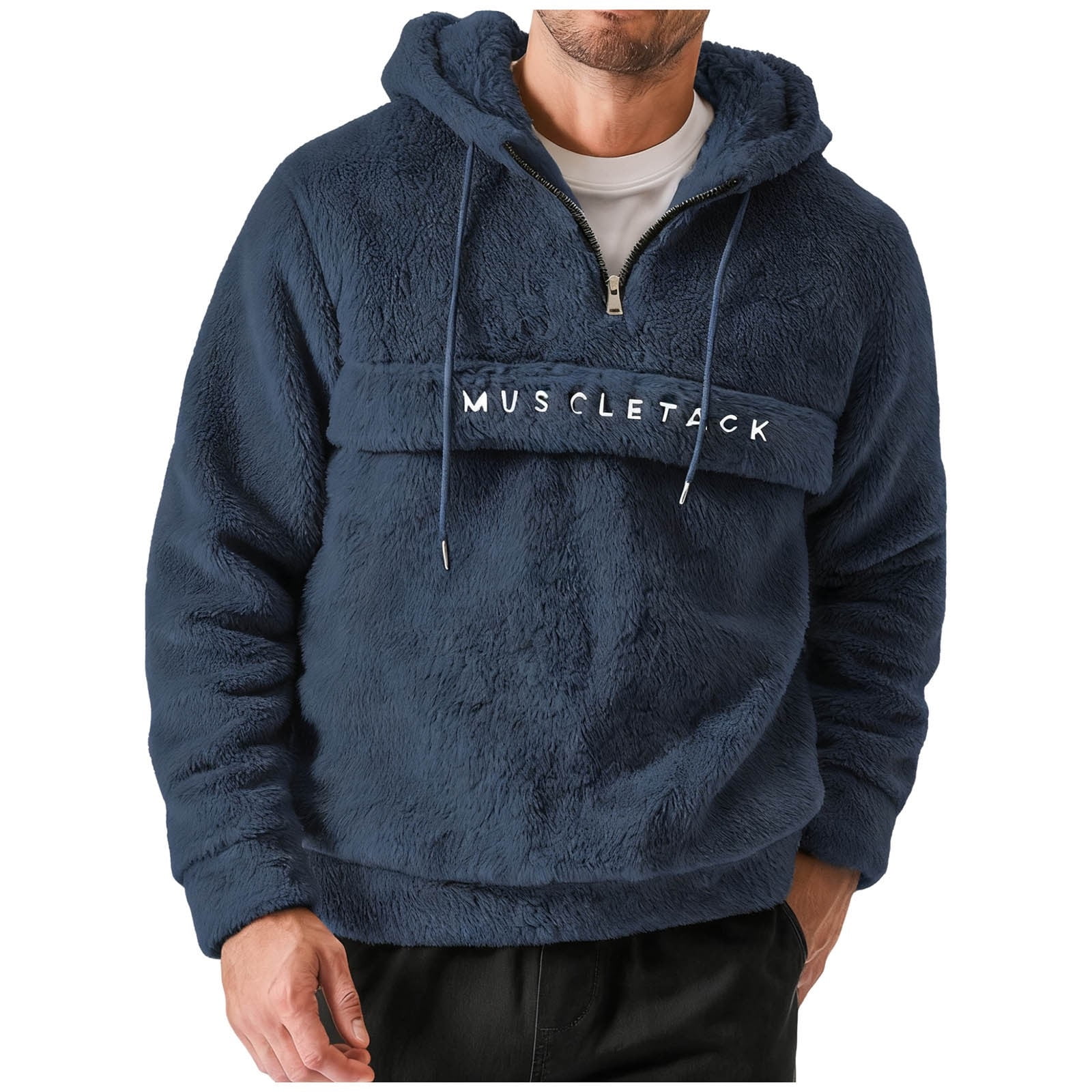 LEKWK Mens Sherpa Hoodie Fuzzy Fleece Pullover Quarter Zip Top Winter ...