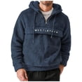 thumbnail image 1 of LEKWK Mens Sherpa Hoodie Fuzzy Fleece Pullover Quarter Zip Top Winter Warm Flap Pocket Letter Graphic Streetwear Sweatshirt, 1 of 8