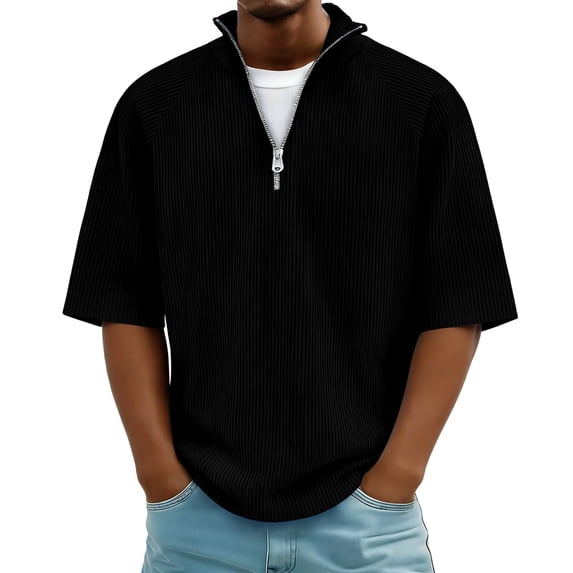LEKWK Mens Shirt Quarter Zip Short Sleeve Casual Shirts Ribbed Knit Textured Collared Pullover Casual Loose Fit Golf Shirts Lightweight Summer Daily Tops Black L
