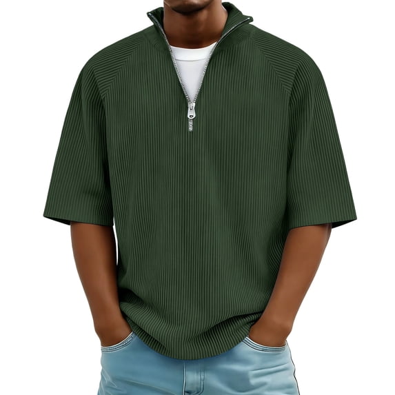 LEKWK Mens Shirt Quarter Zip Short Sleeve Casual Shirts Ribbed Knit Textured Collared Pullover Casual Loose Fit Golf Shirts Lightweight Summer Daily Tops Army Green XXL