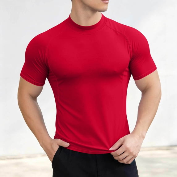LEKWK Mens Shirt Quick Dry Short Sleeve Crewneck Shirts Loose Fit Raglan Seams Lightweight Tees Workout Running Gym Training Tops Red S