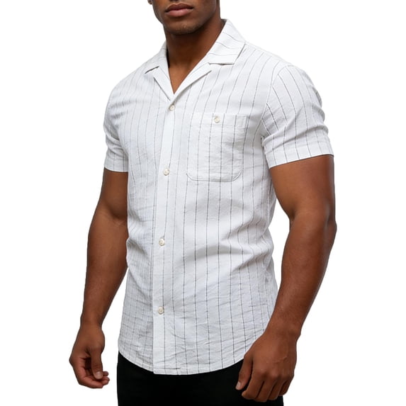 LEKWK Mens Shirt Short Sleeve Camp Collar Casual Tops Chest Pocket Slim Fit Lightweight Pinstripe Button Down Office Resort Shirts Vacation Summer Tees White XL