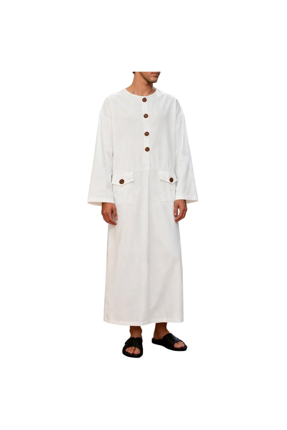 Mens Shirts Casual Islamic Thobe Kaftan Robe Long Sleeve Shirts Henley Neck Button Loose Dress Shirts Pocket Muslim Ramadan Jubba Gown Attire