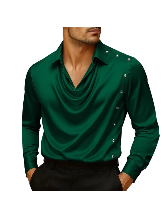 Mens Shirts Casual Stylish Slim Fit Long Sleeve Dress Shirts Silky Satin Cowl Neck Side Button Party Shirts Club Prom Wedding