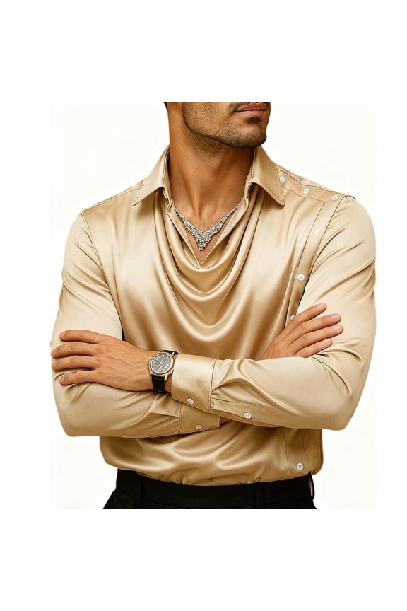 Mens Shirts Casual Stylish Slim Fit Long Sleeve Dress Shirts Silky Satin Cowl Neck Side Button Party Shirts Club Prom Wedding