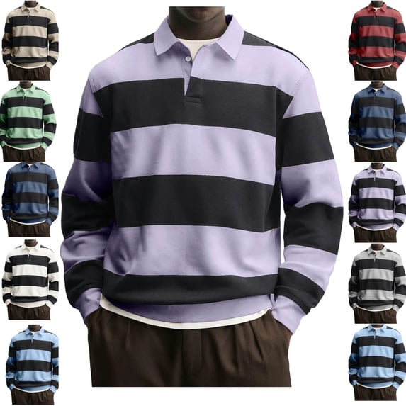LEKWK Mens Shirts Long Sleeve Regular Fit Rugby Shirts Collared Casual Shirts Striped Color Block Fall Daily Streetwear Soft