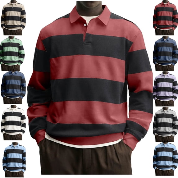 LEKWK Mens Shirts Long Sleeve Regular Fit Rugby Shirts Collared Casual Shirts Striped Color Block Fall Daily Streetwear Soft