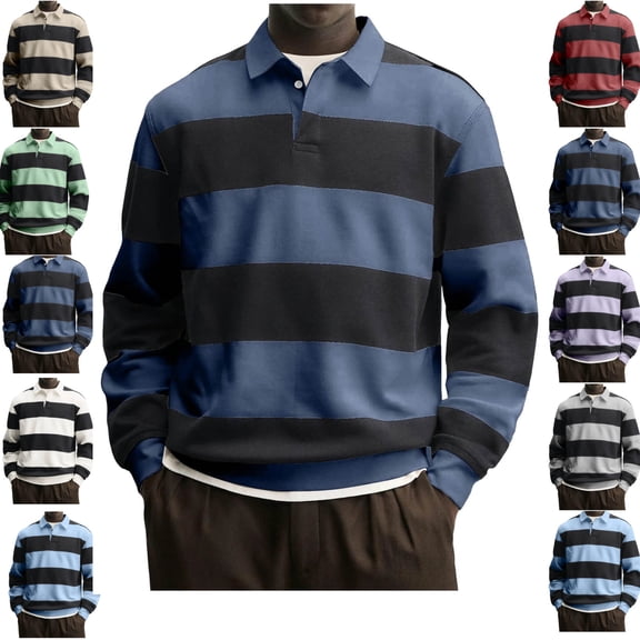 LEKWK Mens Shirts Long Sleeve Regular Fit Rugby Shirts Collared Casual Shirts Striped Color Block Fall Daily Streetwear Soft