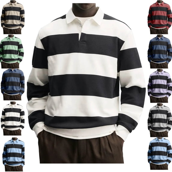 LEKWK Mens Shirts Long Sleeve Regular Fit Rugby Shirts Collared Casual Shirts Striped Color Block Fall Daily Streetwear Soft