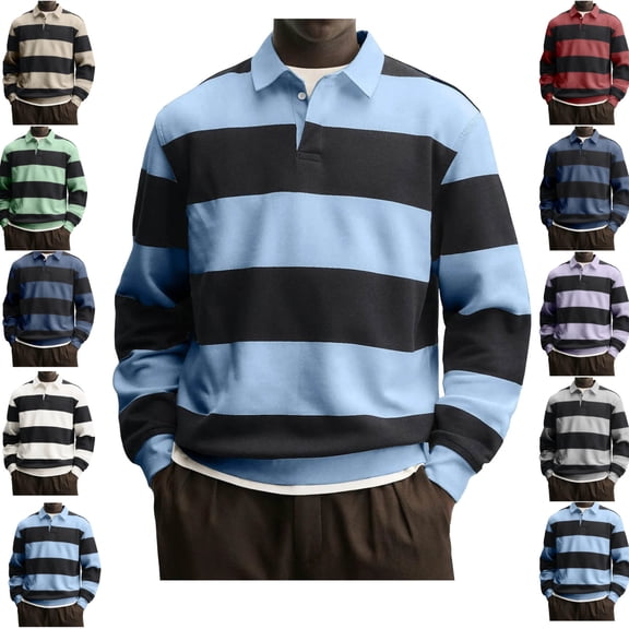 LEKWK Mens Shirts Long Sleeve Regular Fit Rugby Shirts Collared Casual Shirts Striped Color Block Fall Daily Streetwear Soft