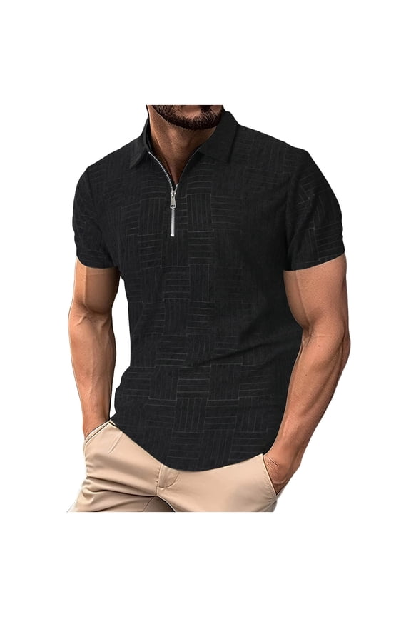 Mens Shirts Muscle Fit Zipper Placket Quarter Zip Pullover Short Sleeve Golf Shirts Jacquard Texture Business Summer