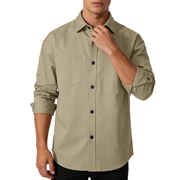 LEKWK Mens Solid Work Shirt Double Pocket Long Sleeve Button Down Top Western Cowboy Style Utility Casual Business Daily Wear