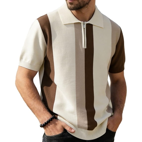 LEKWK Mens Stripe Shirt Short Sleeve Quarter Zip Collared Tees Lightweight Ribbed Hem Retro Casual Golf Tops Resort Vacation Summer Shirts Coffee XL
