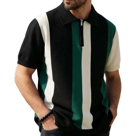 LEKWK Mens Stripe Shirt Short Sleeve Quarter Zip Collared Tees Lightweight Ribbed Hem Retro Casual Golf Tops Resort Vacation Summer Shirts Green XL