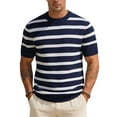 thumbnail image 1 of LEKWK Mens Striped Shirt Crewneck Horizontal Short Sleeve Lightweight Tops Ribbed Knit Breathable Tees Relaxed Fit Casual Retro Daily Vacation Summer Tops Navy S, 1 of 4