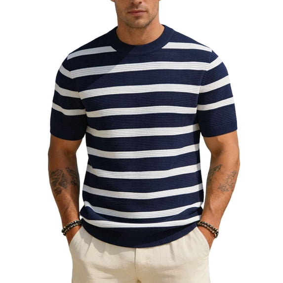LEKWK Mens Striped Shirt Crewneck Horizontal Short Sleeve Lightweight Tops Ribbed Knit Breathable Tees Relaxed Fit Casual Retro Daily Vacation Summer Tops Navy S