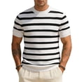 thumbnail image 1 of LEKWK Mens Striped Shirt Crewneck Horizontal Short Sleeve Lightweight Tops Ribbed Knit Breathable Tees Relaxed Fit Casual Retro Daily Vacation Summer Tops White XL, 1 of 5