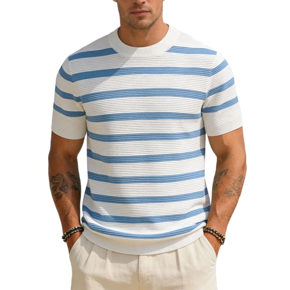 LEKWK Mens Striped Shirt Crewneck Horizontal Short Sleeve Lightweight Tops Ribbed Knit Breathable Tees Relaxed Fit Casual Retro Daily Vacation Summer Tops Blue XXL