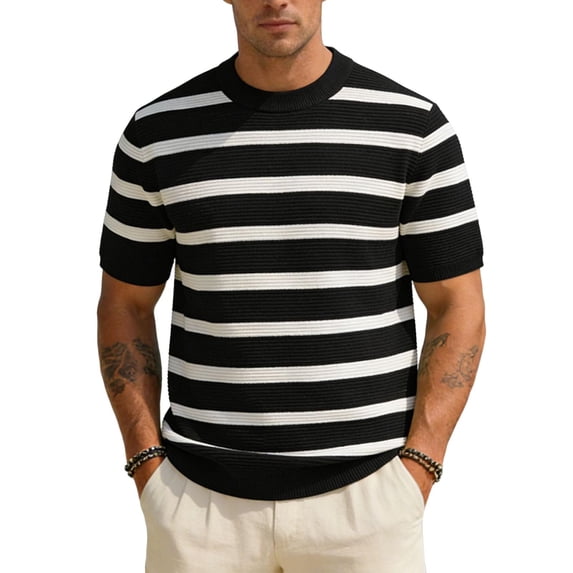 LEKWK Mens Striped Shirt Crewneck Horizontal Short Sleeve Lightweight Tops Ribbed Knit Breathable Tees Relaxed Fit Casual Retro Daily Vacation Summer Tops Black S