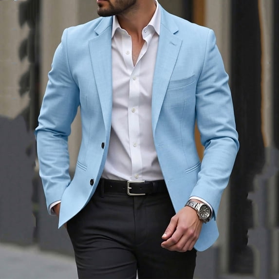 LEKWK Mens Suit Jacket Slim Fit Notched Lapel Two Button Blazer Lightweight Long Sleeve Fall Coat for Business Casual Wedding Party Blue XXL