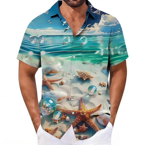 LEKWK Mens Summer Shirts Loose Fit Starfish Print Tropical Shirts Breathable Button Down Casual Shirts Lightweight Soft Graphic Beach Holiday