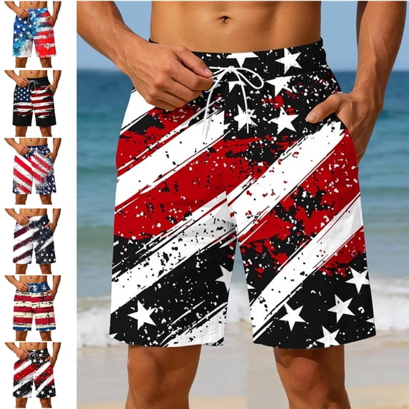 LEKWK Mens Swim Trunks Quick Dry American Flag Bathing Suit Drawstring Relaxed Fit Patriotic Shorts with Pockets July 4Th Beach Vacation Outfits