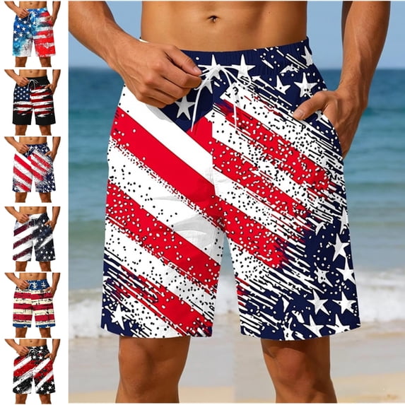 LEKWK Mens Swim Trunks Quick Dry American Flag Bathing Suit Drawstring Relaxed Fit Patriotic Shorts with Pockets July 4Th Beach Vacation Outfits