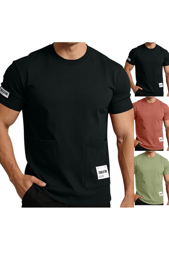 Mens T Shirt Double Pocket Crewneck Tops Short Sleeve Streetwear Patch Detail Soft Cotton Feel Relaxed Fit Casual Tees Workout Travel Daily Summer Tops Black XL