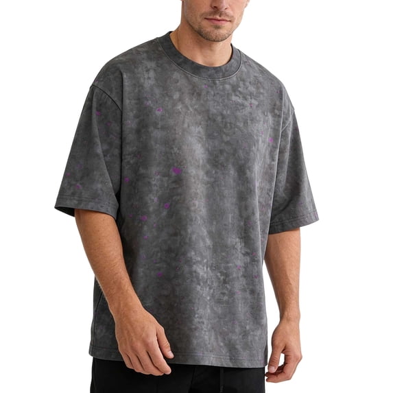 LEKWK Mens T Shirt Oversized Crewneck Acid Wash Graphic Tops Short Sleeve Speckle Print Drop Shoulder Loose Fit Tees Streetwear Casual Tops Dark Gray XL