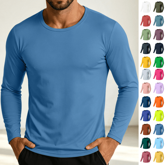 LEKWK Mens T Shirt Soft Basic Long Sleeve Crewneck Lightweight Shirts Stretch Regular Fit Casual Daily Layering Tee Workout Travel Fall Spring Tops Light Blue XXL