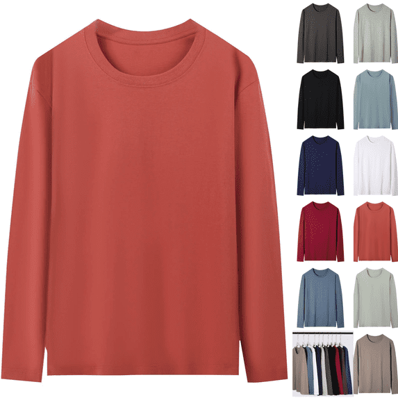LEKWK Mens T Shirt Soft Basic Long Sleeve Crewneck Lightweight Shirts Stretch Regular Fit Casual Daily Layering Tee Workout Travel Fall Spring Tops Watermelon Red XXXXXL