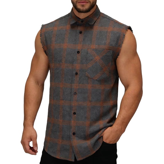 LEKWK Mens Tank Tops Sleeveless Plaid Button Down Workout Shirts Trendy Athletic Collared Armholes Chest Pocket Relaxed Fit Tees Western Casual Outdoor Summer Tops Gray XXXL