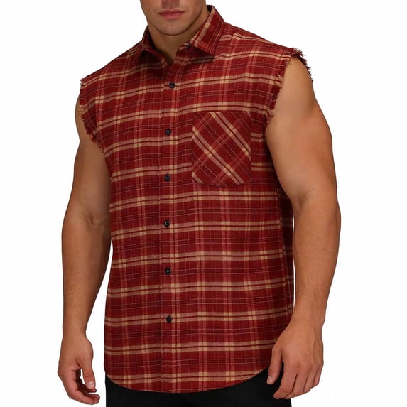 LEKWK Mens Tank Tops Sleeveless Plaid Button Down Workout Shirts Trendy Athletic Collared Armholes Chest Pocket Relaxed Fit Tees Western Casual Outdoor Summer Tops Watermelon Red M