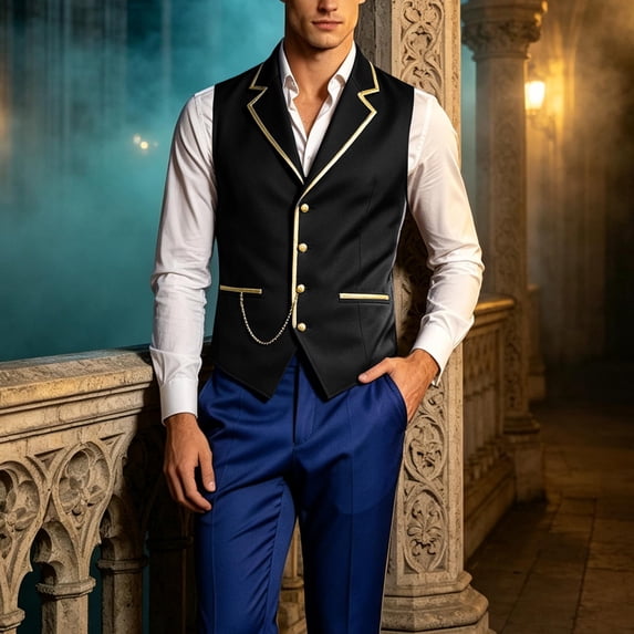 LEKWK Mens Victorian Vest Vintage Prince Costume Renaissance Gothic Gold Trim Chain Waistcoat Costume Cosplay Halloween Themed Party Fancy Dress
