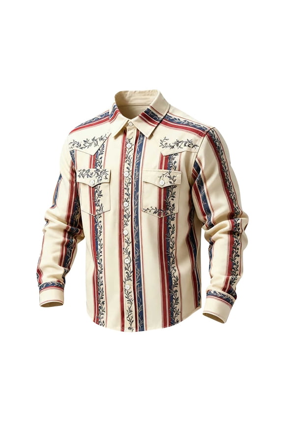 Mens Vintage Striped Shirt Western Cowboy Style Long Sleeve Button Down Top Retro Ranch Rodeo Casual Slim Fit Daily Tee