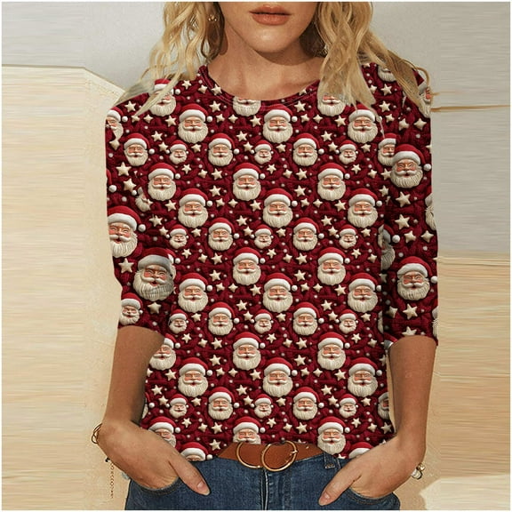 LEKWK Merry Shirt for Women Xmas Tree Crew Neck 3/4 Sleeve Tops Christmas Sparkle Tops for Women Tunic Glitter Tops for Women
