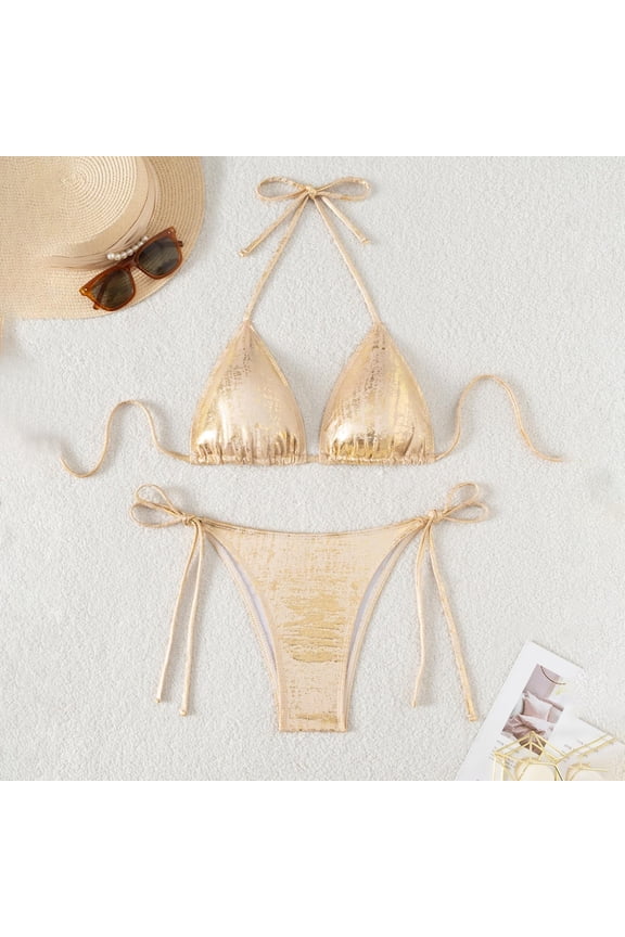 Metallic Triangle Bikini Sets for Women Foil Print String Two Piece Swimsuits Halter Neck Tie Side Bottom Bathing Suit Summer Beach Swimwear