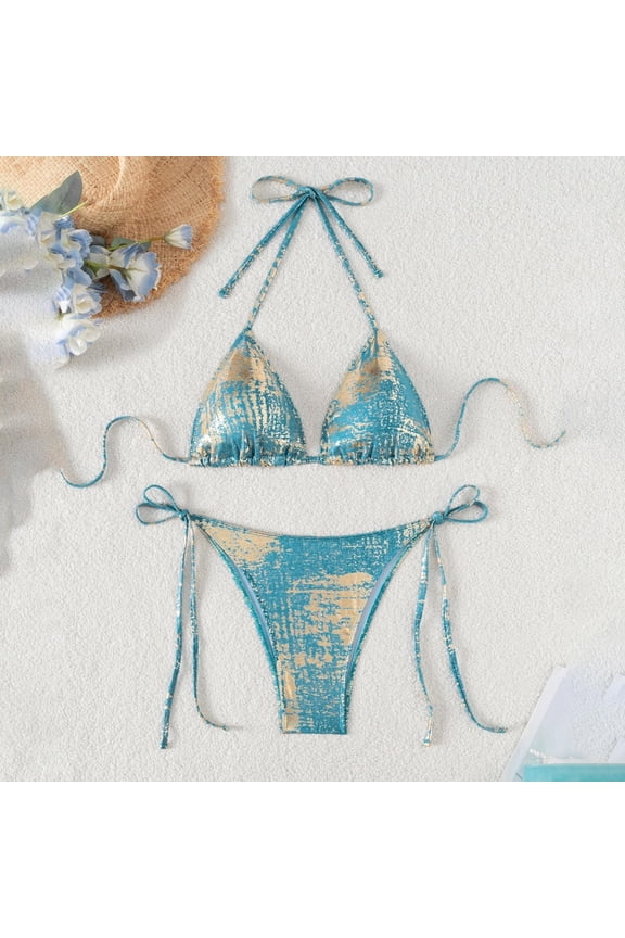 Metallic Triangle Bikini Sets for Women Foil Print String Two Piece Swimsuits Halter Neck Tie Side Bottom Bathing Suit Summer Beach Swimwear
