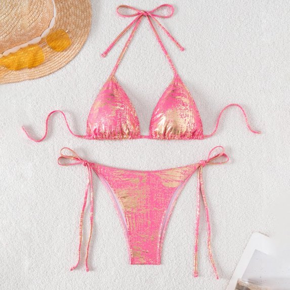 LEKWK Metallic Triangle Bikini Sets for Women Foil Print String Two Piece Swimsuits Halter Neck Tie Side Bottom Bathing Suit Summer Beach Swimwear