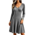 thumbnail image 1 of LEKWK Midi Dresses for Women Ribbed Knit V Neck A-Line Dresses Flowy Elegant Business Casual Office Work Fall Outfits Gray S, 1 of 8
