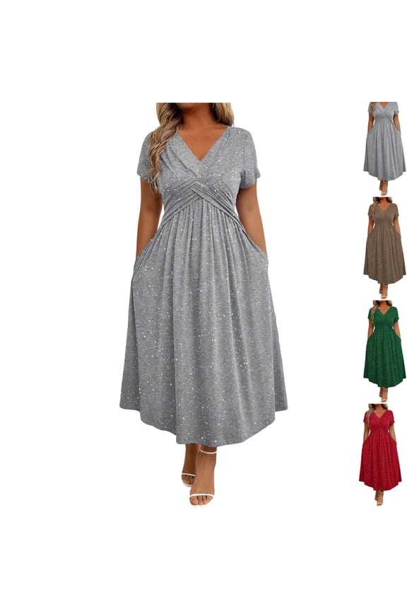 Midi Dresses for Women Short Sleeve V Neck Empire Waist Dresses Casual Twist Knot Front A Line Dress with Pockets Summer Work Elegant Wear