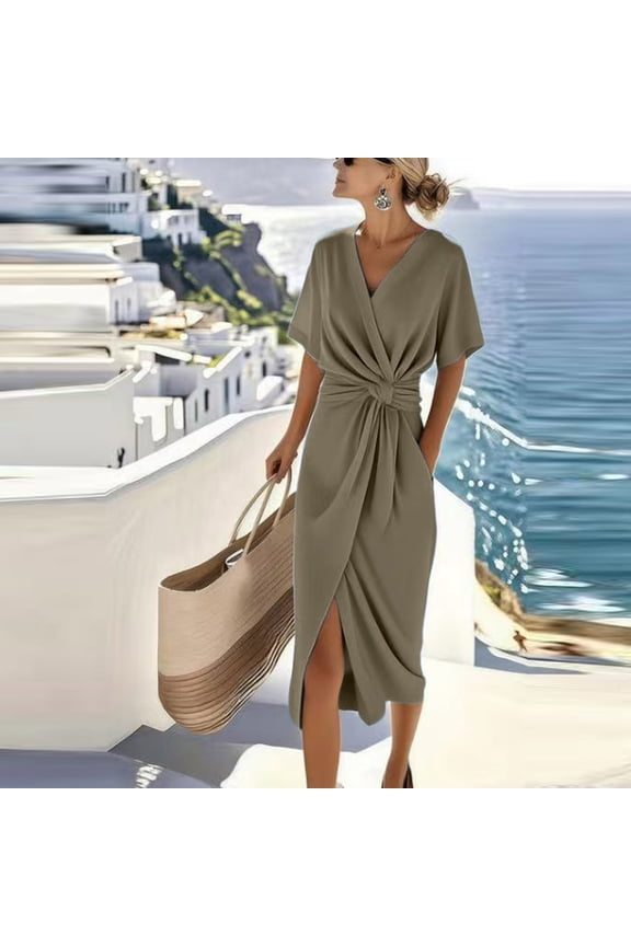 Midi Dresses for Women Short Sleeve Wrap Dress V-Neck Cocktail Dress Front Knot Ruched Detail Elegant Classy Party Evening Outfits Skirt