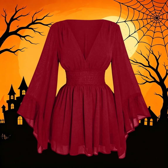 LEKWK Mini Dresses for Women Deep V Neck Bell Long Sleeve A-Line Dress Smocked Elastic Waist Chiffo Flowy Sundress Renaissance Costume Women