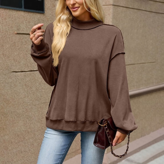 LEKWK Mock Neck Sweatshirt for Women Drop Shoulder Long Sleeve Lightweight Sweatshirt Fall Winter Casual Relaxed Fit Cozy Athletic Tops