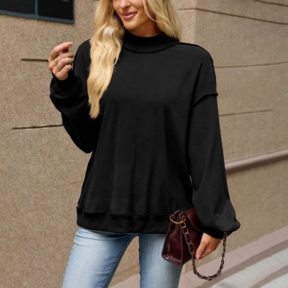 LEKWK Mock Neck Sweatshirt for Women Drop Shoulder Long Sleeve Lightweight Sweatshirt Fall Winter Casual Relaxed Fit Cozy Athletic Tops