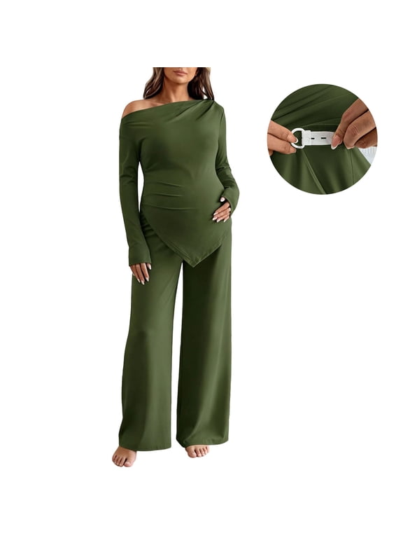 Modal Pajama Sets for Women off the Shoulder Maternity 2 Piece Outfit Long Sleeve Wide Leg Adjustable Waist Silky Soft Pregnancy Loungewear Home Hospital Sleepwear for Expecting Moms